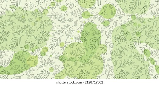 Vector seamless pattern with natural leaves, herbs, grass and branch. Vintage sketches hand drawn illustration background. Line art style.