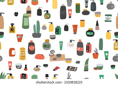 Vector seamless pattern with natural organic cosmetics products in bottles, jars, tubes for skin in trendy hand drawn style. Skincare routine. Cartoon vector