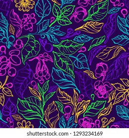 Vector seamless pattern Nature branch, leaves, flower. Green tea bush. Natural organic plant Botanical color set Art graphic paint illustration Hand drawn summer sketch Simple design, decor, wallpaper