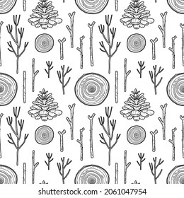 Vector seamless pattern with nature elements - dried  branches, wood sticks, pine cone, saw cut wood. Hand drawn forest treasure pattern.