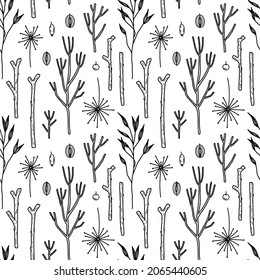 Vector seamless pattern with nature elements - dried  wild herbs, wood sticks, branches, seeds. Hand drawn autumn pattern.