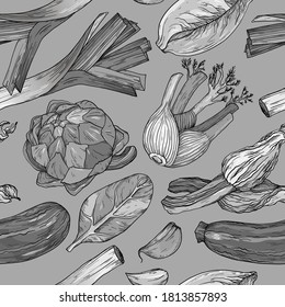 Vektor Nahtlose Muster mit naturmediterranem Gemüse. Frische Bio-Lebensmittel. Vintage Gemüse handgezeichnet Skizze. Schwarz-Weiß