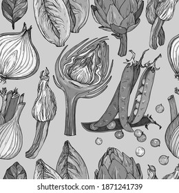 Vector Patrón sin foco con verduras mediterráneas naturales. Comida orgánica fresca. Esbozo dibujado a mano, blanco y negro