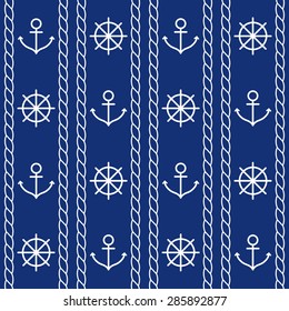 Vector seamless pattern with Nautical Anchor,rope and a steering wheel on dark blue  background.