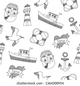 Vector seamless pattern with nautical elements. Vector texture with sailor, ship, lighthouse and gull