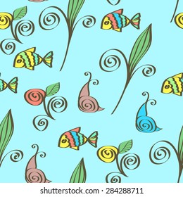 Vector seamless pattern with nautical and floral themes. Cute background with fish, snails and algae.