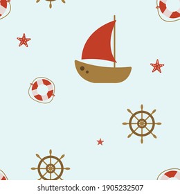 Vector seamless pattern in a nautical style with the image of a lifebuoy, ship, steering wheel and starfish