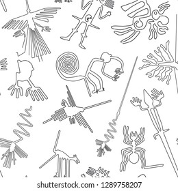 Vector seamless pattern, Nazca lines creatures from Nazca desert in Peru