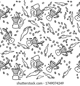 Vector seamless pattern with neapolitan coffee maker cornetti lucky hornes and coffee beans