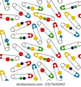 Vector seamless pattern with needlework elements in the form of pins with colored beads on a white background. Closed decorative pins, needles, beads, beads in bright colors. Background for printing