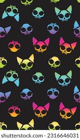 Vector seamless pattern of neon cat skull silhouettes isolated on black. 