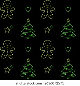 Vector seamless pattern with neon Christmas trees, gingerbread cookies, hearts and stars on black background. Modern festive design with glowing holiday vibe.