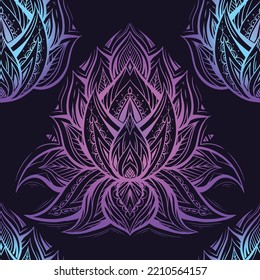 Vector seamless pattern with neon contour tribal lotuses on dark background. Gradient mystical floral texture. Wallpaper with violet and blue water lilies with native ornaments.