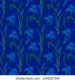 Vector seamless pattern of neon iris flowers. Flowered background of botany texture