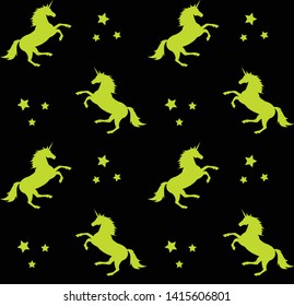 Vector seamless pattern of neon lime green unicorn silhouette with stars isolated on black background 