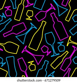 Vector seamless pattern with neon linear alcohol bottles and glasses.