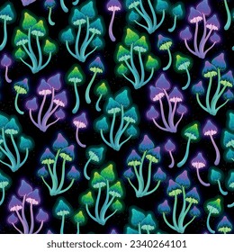 Vector seamless pattern with neon mushrooms