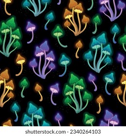 Vector seamless pattern with neon mushrooms