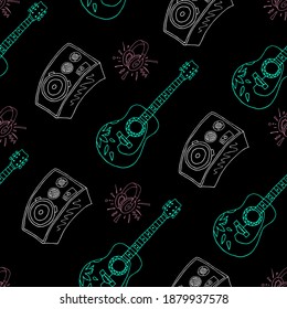 Vector seamless pattern neon music elements guitar, earphones,  speakers
