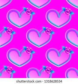 Vector seamless pattern with neon purple and green volume ribbed outline Heart with Flower on the pink background.