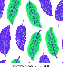 Vector seamless pattern with neon tropical leaves on white