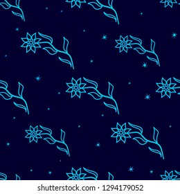Vector seamless pattern with neon turquoise outline flowers on the dark blue background with stars.
