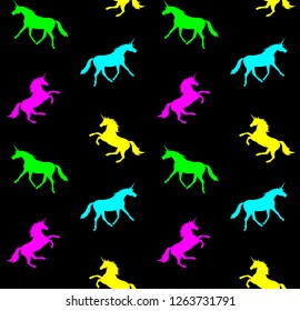 Vector Seamless Pattern Of Neon Unicorn Silhouette Isolated On Black 