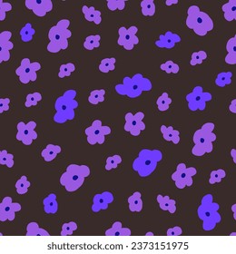 Vector seamless pattern with neon violet hand drawn flowers on dark background. Doodle neon flowers pattern.