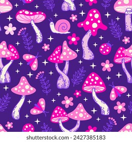 Vector seamless pattern of neon violet amanita mushrooms at night. Stylized mushrooms in neon pink and purple colors on a dark background