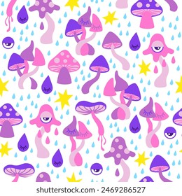 Vector seamless pattern of neon violet amanita mushrooms. Stylized mushrooms in neon pink and purple colors on a white background