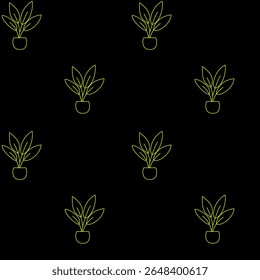 Vector seamless pattern with neon yellow potted plants on black background. Perfect for futuristic design, packaging, fashion, and trendy digital visuals.