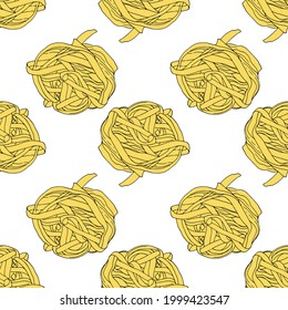 Vector seamless pattern from a nest of yellow noodles. nesting noodles of macaroni drawn in a sketch style, side view with a black outline of yellow on a white background for a menu design template