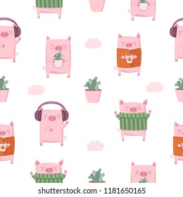 Vector seamless pattern for New 2019 Year with cute pigs. Symbol of the year in the Chinese calendar. Vector illustration cartoon isolated. Year of yellow pig.
