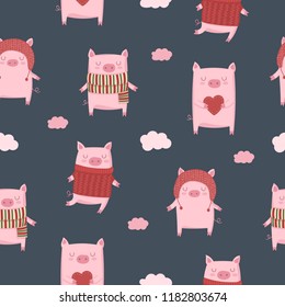 Vector seamless pattern for New 2019 Year with cute pigs. Symbol of the year in the Chinese calendar. Vector illustration cartoon isolated. Year of yellow pig.
