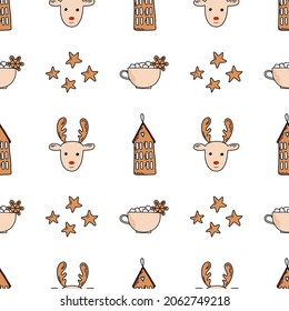 Vector seamless pattern with new decoration elements. Cozy details: deer, cup, stars, house. Cute illustration for wrapping paper, decoration, textile 