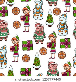 Vector seamless pattern with New year and Christmas props