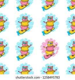 Vector seamless pattern for New Year and Christmas with Pigs. Pig rides a snowboard. Winter greeting design.