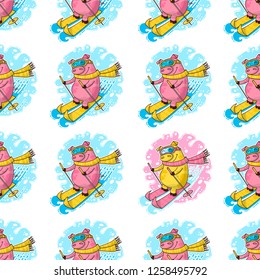 Vector seamless pattern for New Year and Christmas with Pigs. Pigs are skiing. Winter greeting design.