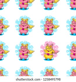Vector seamless pattern for New Year and Christmas with superhero Pigs. Winter greeting design.