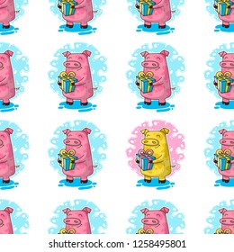 Vector seamless pattern for New Year and Christmas with Pigs and gifts. Winter greeting design.
