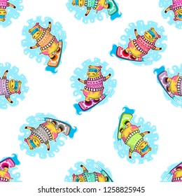 Vector seamless pattern for New Year and Christmas with Pigs. Pig rides a snowboard. Winter greeting design.