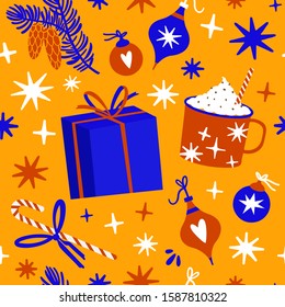 Vector seamless pattern for New Year or Christmas decoration on an orange bright background in the Scandinavian style, a set of Christmas elements: gift, cup, candy cane, Christmas toys.
