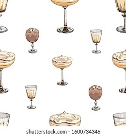 Vector seamless pattern with New Year drinks isolated on white. Christmas print with beverages. Endless texture. Eggnog, hot chocolate, champagne. Winter special. Menu decoration in pastel color