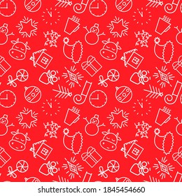 Vector seamless pattern with a new year theme on a red background with white elements. For packaging paper.