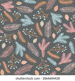 Vector seamless pattern for New Year and Christmas. Cute hand-drawn illustrations with branches, cones, and many decorative elements.