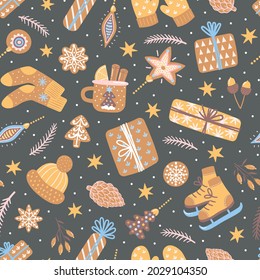 Vector seamless pattern for New Year and Christmas. Cozy hand-drawn illustration with gifts, branches, gingerbread and other seasonal decorative elements on a dark background for printed products.