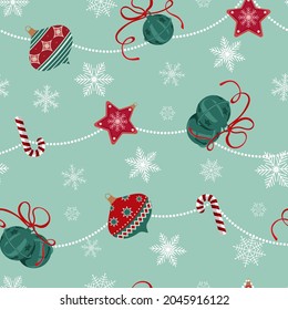 Vector seamless pattern with New Year and Christmas symbols. Design element on a green background. For decorating textiles, packaging.