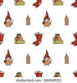 Vector seamless pattern with new year illustrations. Cute details: house, gifts, gnome, socks. Nice illustration for wrapping paper, decoration, textile 