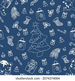 Vector seamless pattern with new year doodle ornate present, christmas, tree, stars, postcard. Handdrawn christmas seamless pattern.