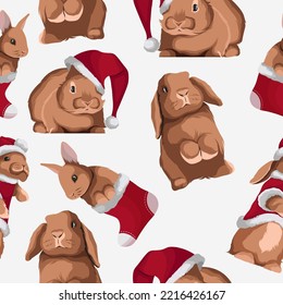 Vector seamless pattern for New Year 2023, Christmas, cards, banners, print. Illustration of brown rabbits bunnies in Christmas clothes isolated on white. 